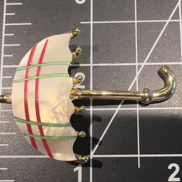 Lot of 2 Umbrella Pins BroochStriped Shell Red/Green Gold Tone Handles - Picture 4 of 5